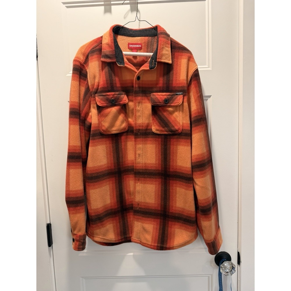Unionbay‎ Plaid Fleece Shacket Men's Large Orange Brown Button Up Jacket